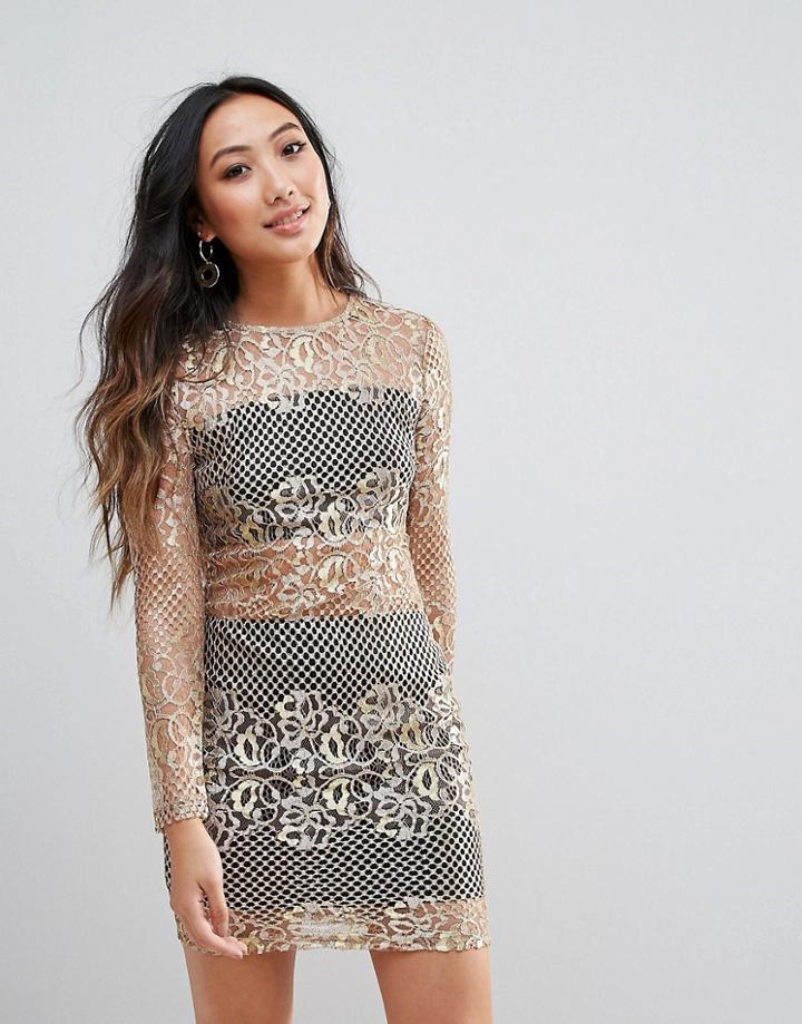 Parisian Metallic Lace Bodycon Dress - Gold