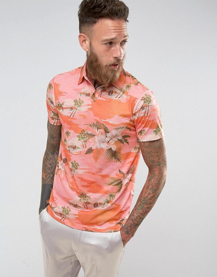 Asos Polo With Revere Collar And All Over Palm Print - Pink