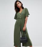 Boohoo Exclusive Button Down Culotte Jumpsuit In Khaki - Green