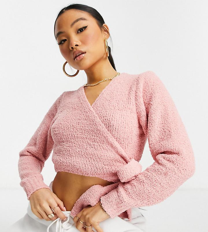 Missguided Petite Popcorn Knit Wrap Front Cardigan In Rose-pink