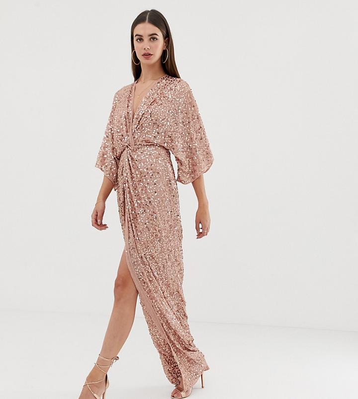 Asos Design Tall Scatter Sequin Knot Front Kimono Maxi Dress-multi