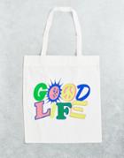 Asos Design Tote Bag In Natural Canvas With Good Life Print-multi