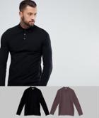 Asos Design Pique Long Sleeve Polo 2 Pack Save - Multi