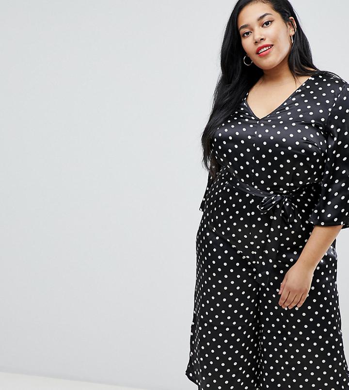 Influence Plus Polka Dot Satin Print Jumpsuit With Tie Waist - Black