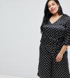 Influence Plus Polka Dot Satin Print Jumpsuit With Tie Waist - Black