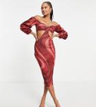 Asos Design Petite Bardot Cut Out Midi Dress In Pink Swirl Print-multi