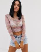 Motel Mesh Crop Top In Unicorn Print - Pink