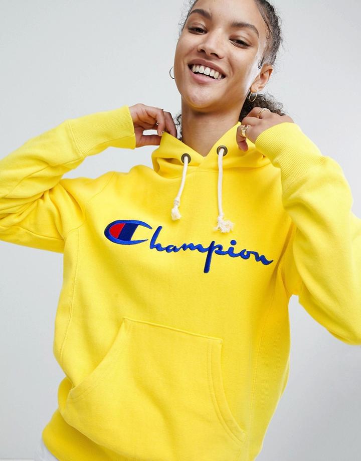 Champion Hoodie With Script Chest Logo - Yellow