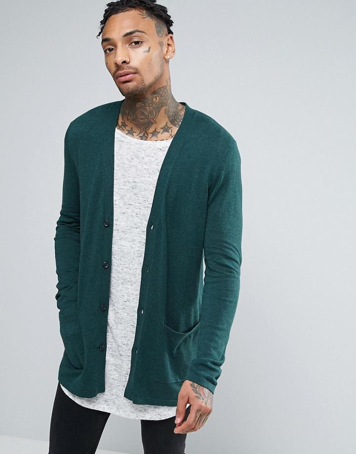 Asos Longline Cardigan In Cotton - Green