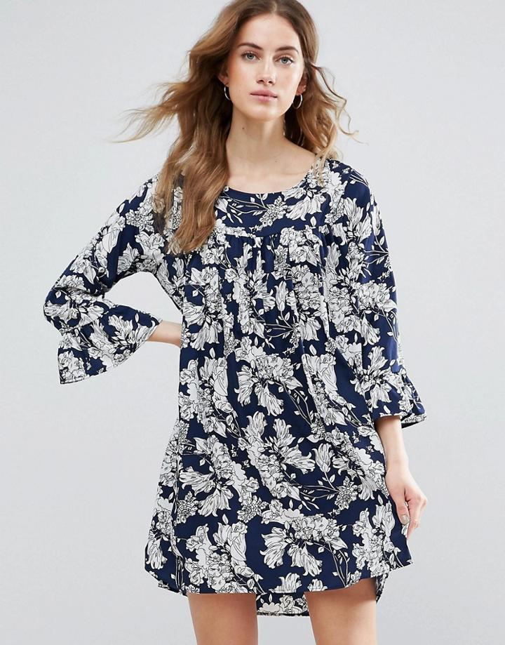 Vila Smock Dress In Floral Print - Navy