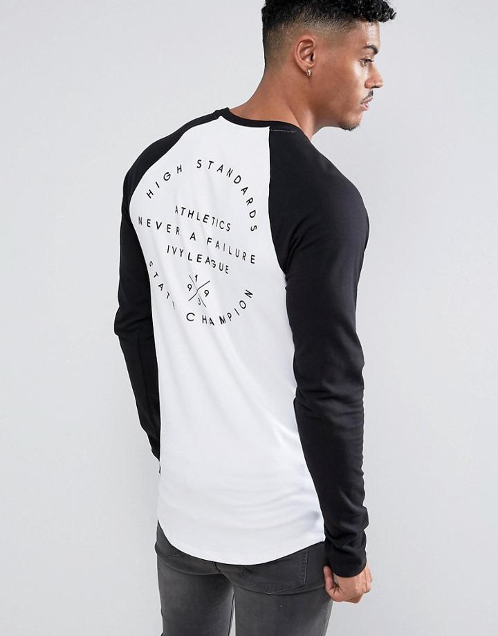 Asos Muscle Longline Long Sleeve Raglan T-shirt With Number Chest Print - White