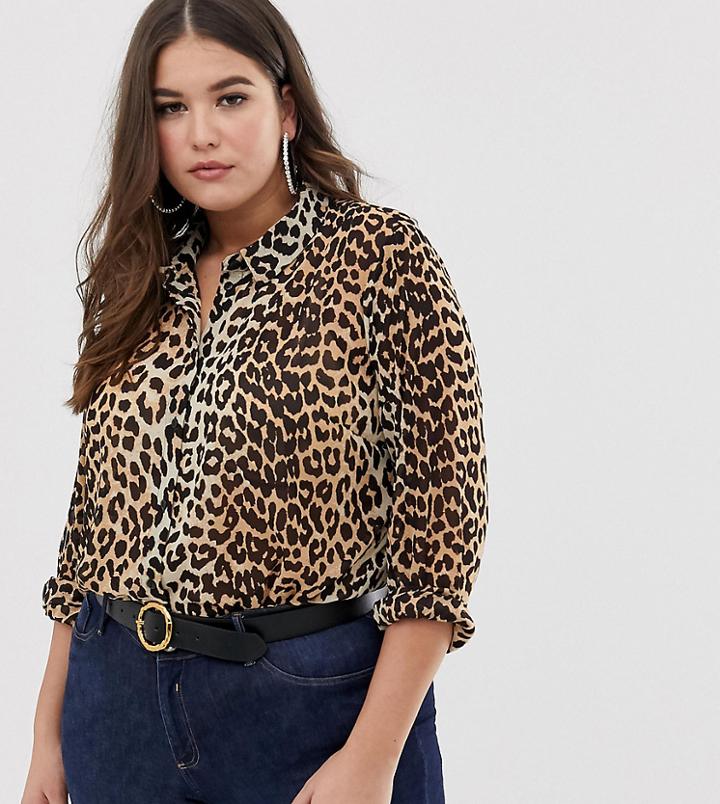 Asos Design Curve Long Sleeve Shirt In Leopard Animal Print - Multi