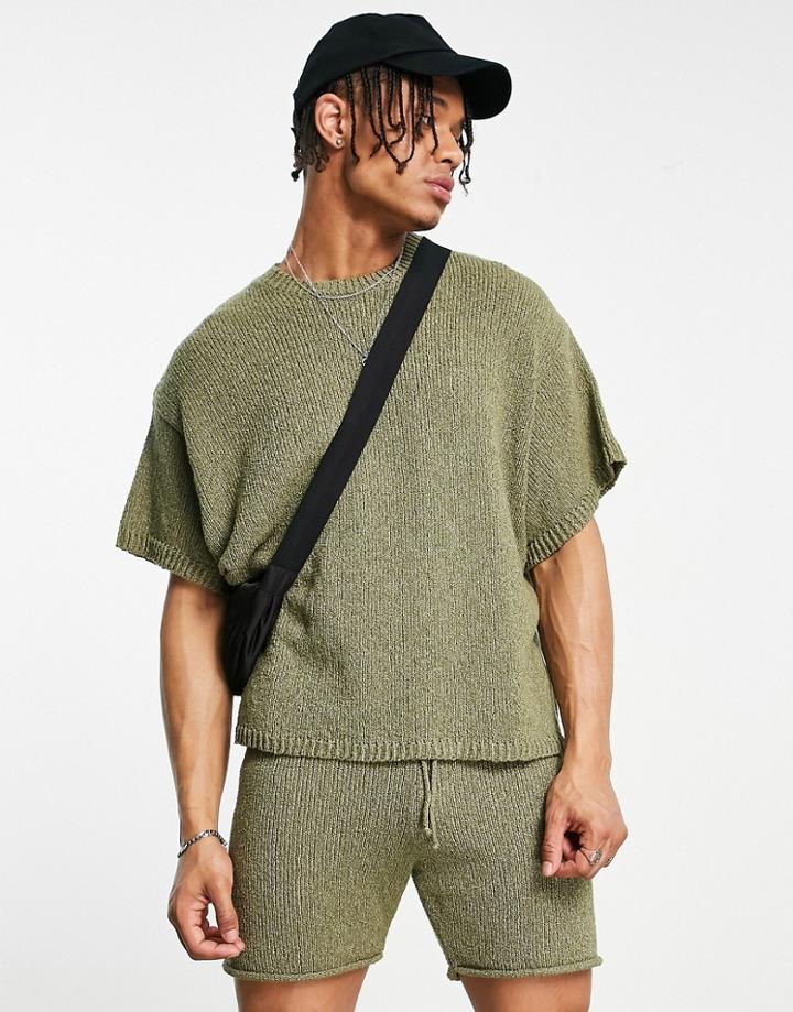 Asos Design Oversized Textured T-shirt In Khaki - Part Of A Set-green