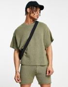 Asos Design Oversized Textured T-shirt In Khaki - Part Of A Set-green