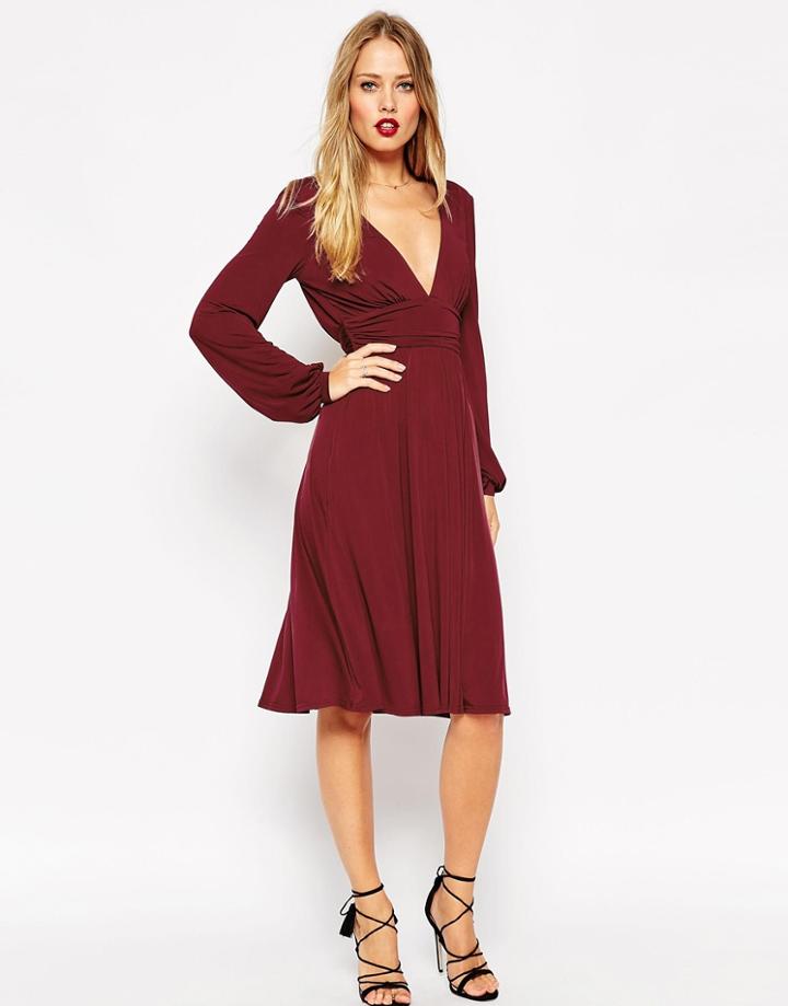 Asos Slinky Blouson Sleeve Wrap Midi Dress - Burgundy