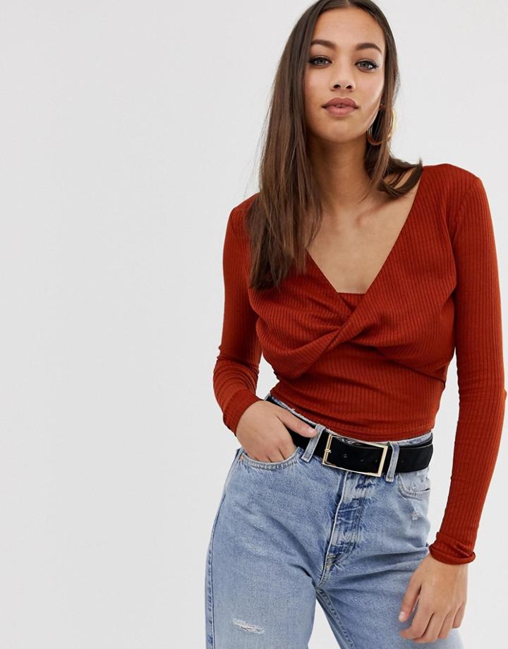 Asos Design Twist Front Long Sleeve Top - Red