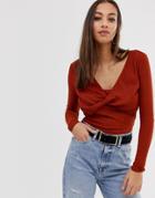 Asos Design Twist Front Long Sleeve Top - Red