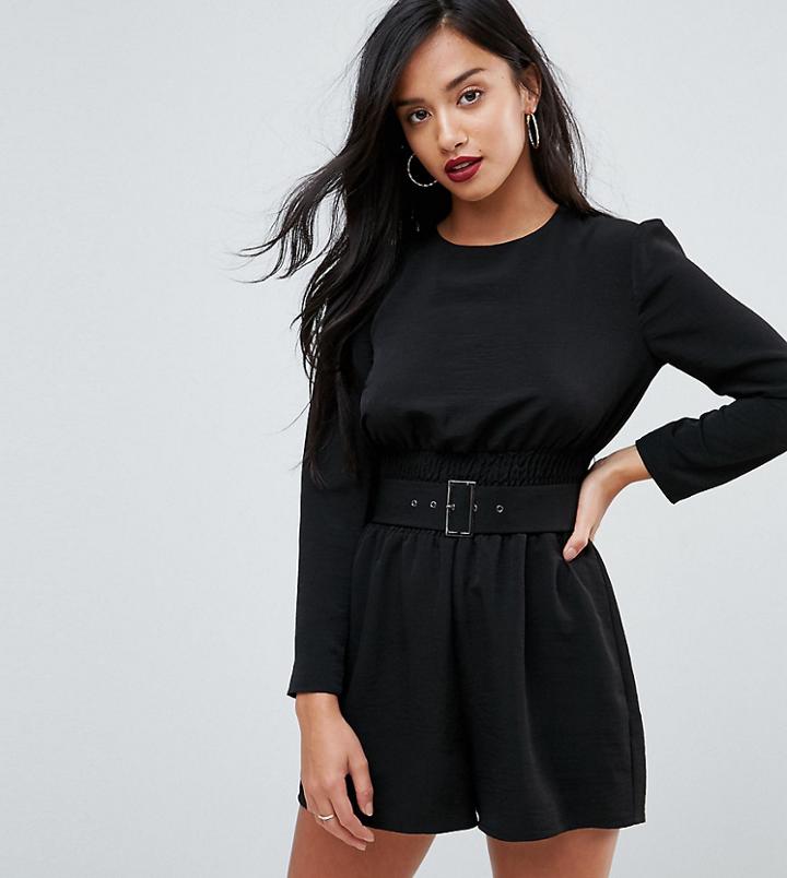 Asos Petite Romper With Sheering And Belt Detail - Black