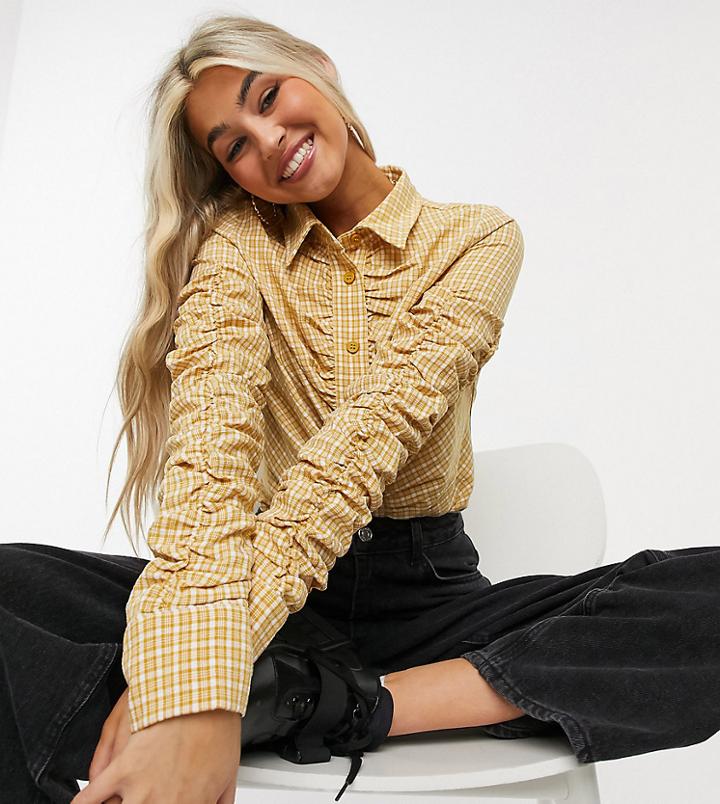 Collusion Ruched Crop Shirt In Yellow Plaid-green