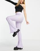 Topshop Lettuce Hem Plisse Flared Pants In Lilac-purple