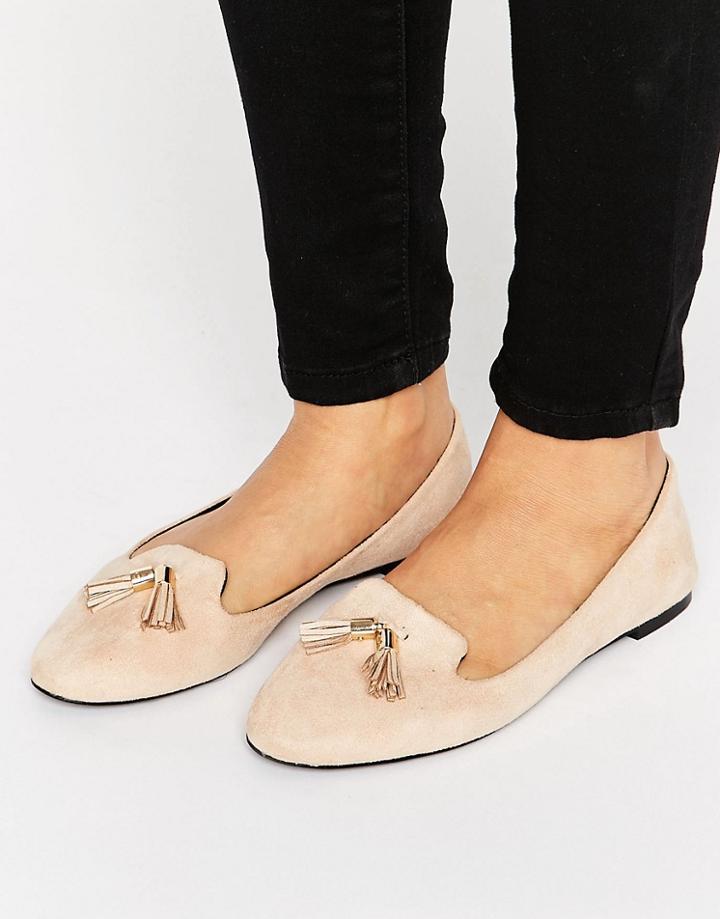 London Rebel Tassel Trim Slipper Shoes - Beige