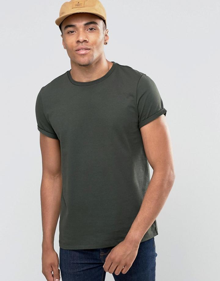 Asos T-shirt With Roll Sleeve In Deep Green - Army Green