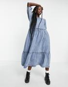 Glamorous Tiered Midi Smock Dress In Acid Wash Lightweight Denim-blues
