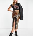 Reclaimed Vintage Inspired Satin Bias Skirt In Animal Print With Lace Detail-multi
