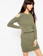 Asos Sweater Dress With Elasticated Waistband And Cold Shoulder - Khaki
