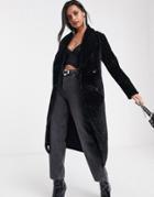Religion Longline Faux Fur Belted Coat In Jaguar-black