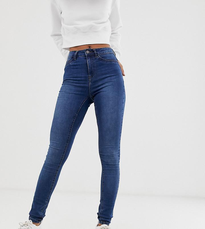 Noisy May Tall Callie High Waist Skinny Jeans In Mid Blue Wash-black