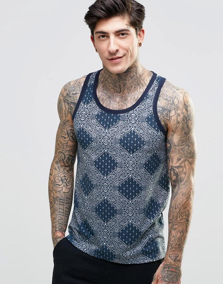 Brave Soul Geo Skull Print Vest - Navy