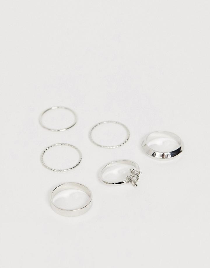 Asos Design Pack Of 6 Rings With Engraved Heart Design And Graduated Band In Silver Tone