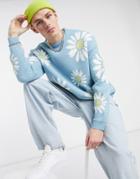 Asos Design Knit Oversized Sweater With Floral Design In Dusty Blue-blues