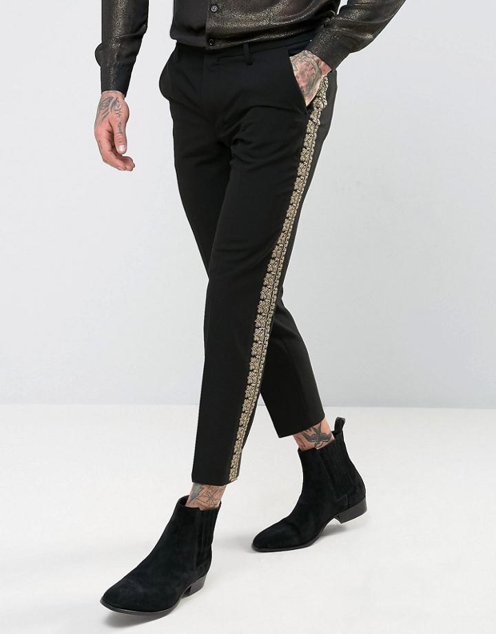Asos Skinny Pants In Black With Gold Brocade Trim - Black