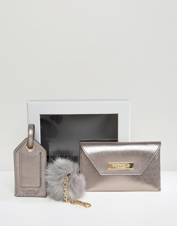 Carvela Metallic Envelope Coin Purse With Luggage Tag And Pom Pom Keyc