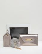 Carvela Metallic Envelope Coin Purse With Luggage Tag And Pom Pom Keyc