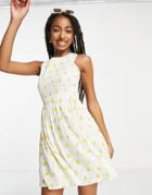 Daisy Street Mini Smock Dress With Shirring Detail In White Yellow Ditsy Floral