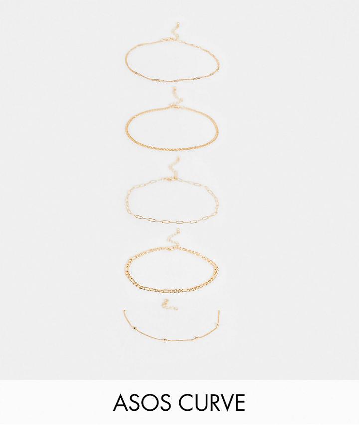 Asos Design Curve Pack Of 5 Anklets In Mixed Design In Gold Tone