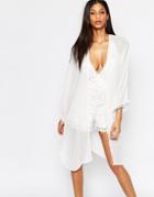 Ax Paris Kimono With Pom Pom Trim - Cream