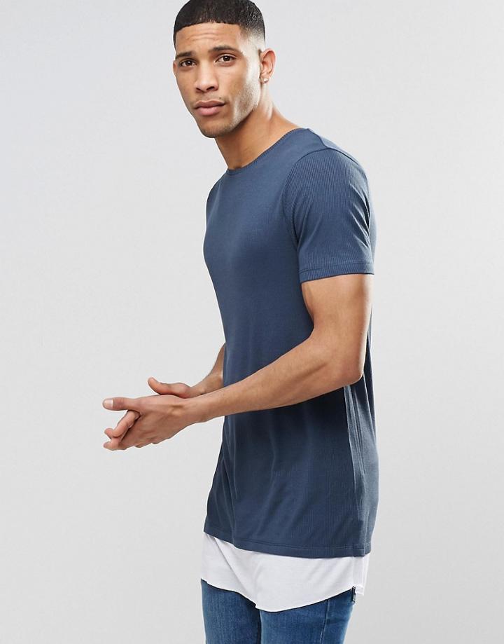 Asos Longline Muscle T-shirt In Rib With Contrast Asymmetric Hem In Blue