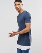 Asos Longline Muscle T-shirt In Rib With Contrast Asymmetric Hem In Blue