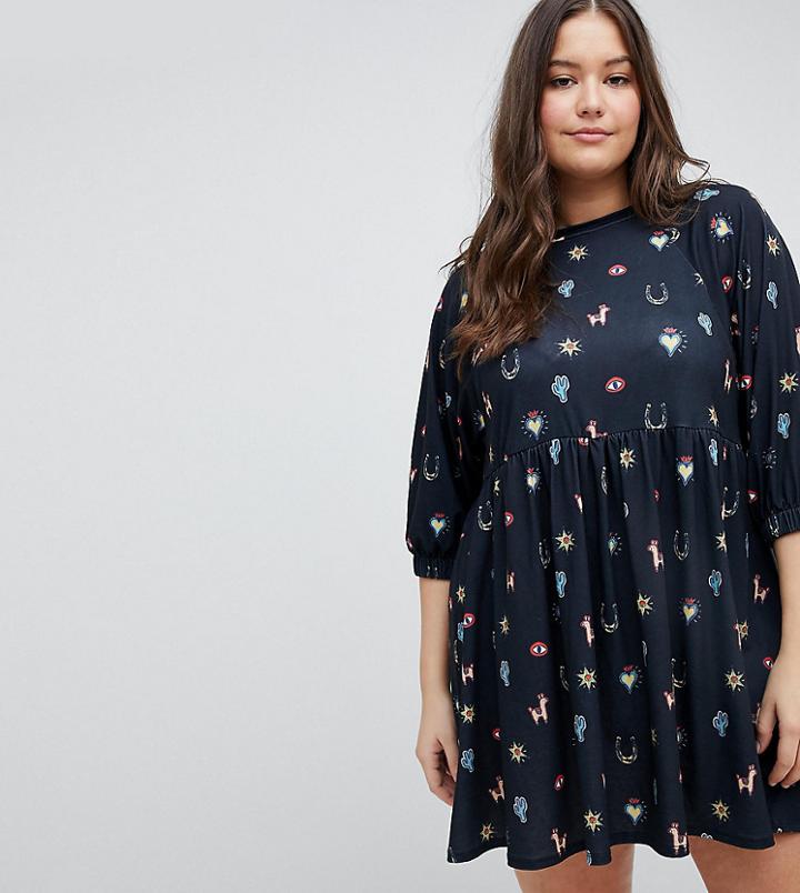 Asos Design Curve Mini Smock Dress In Novelty Cactus Print - Multi
