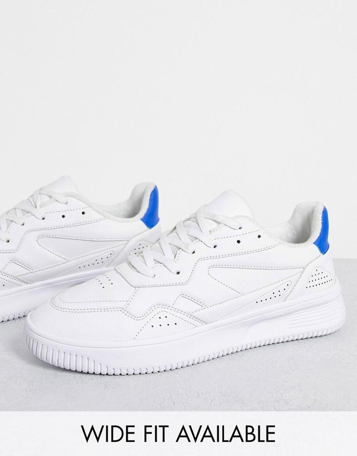 Asos Design Faux Leather Sneakers In White With Blue Back Tab