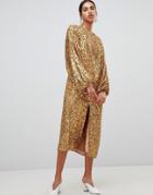 Asos Edition Sequin Midi Dress With Blouson Sleeve-gold