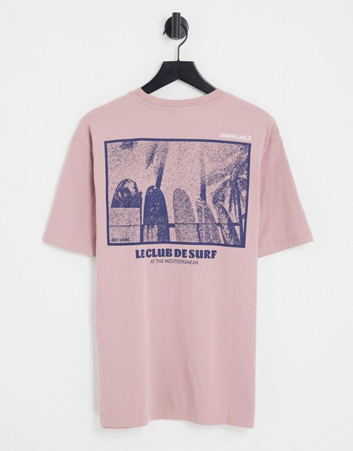 Only & Sons Oversized Surf Print T-shirt In Woodrose Pink