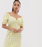 Miss Selfridge Petite Linen Dress With Puff Sleeves In Yellow Check-multi