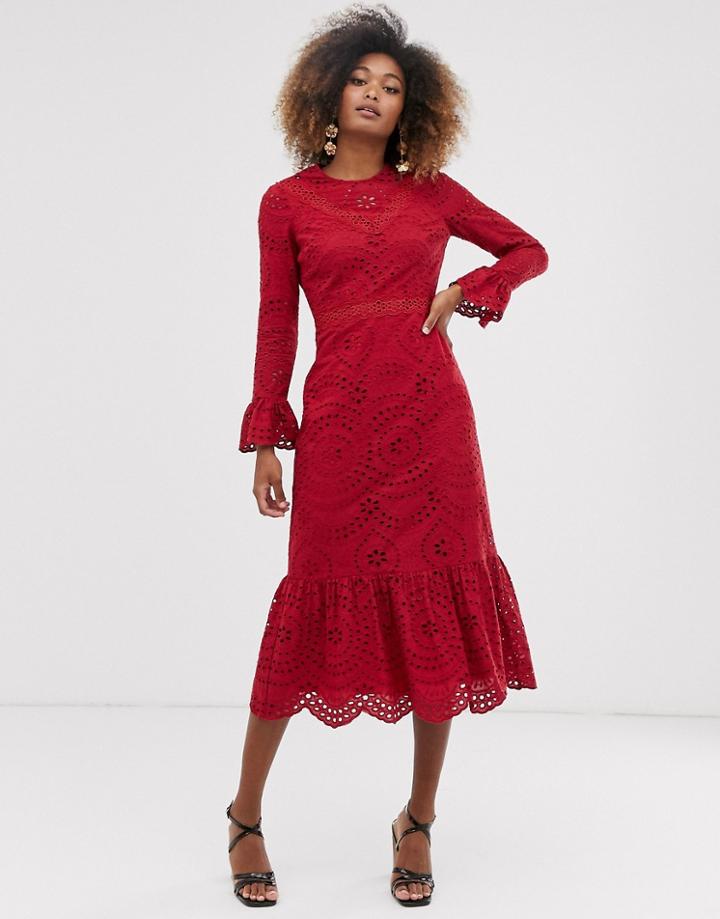 Asos Design Premium Broderie Maxi Dress With Pep Hem And Fluted Sleeves-red
