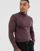 Asos Design Organic Muscle Fit Long Sleeve Turtleneck T-shirt With Stretch In Dark Purple - Red