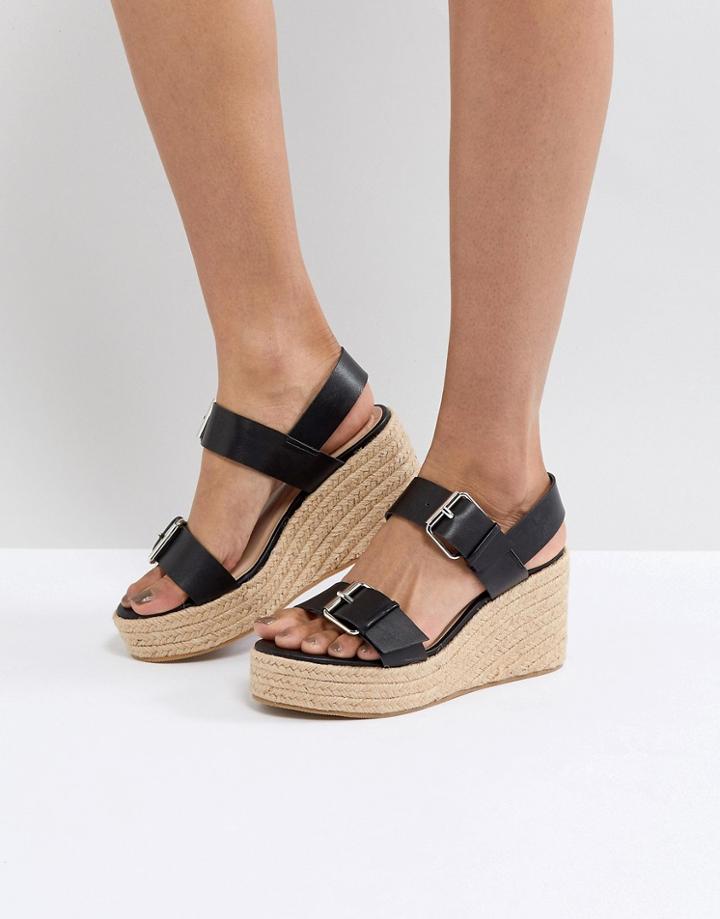 London Rebel Buckle Wedge Sandal - Black
